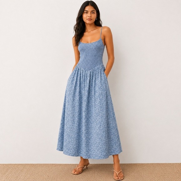 Abercrombie & Fitch Dresses & Skirts - Abercrombie & Fitch Dip Blue Ditsy Floral Smocked Maxi Dress Cottagecore NWT LT